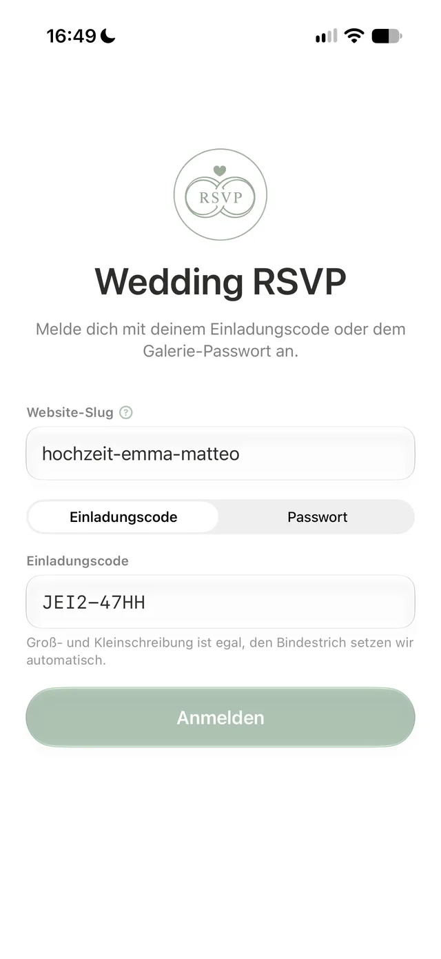 iOS-App: Anmeldung mit Einladungscode oder Galerie-Passwort